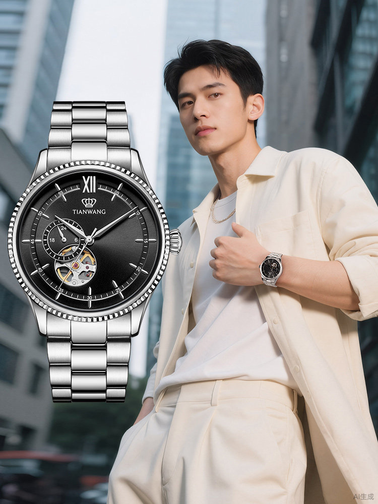 Tianwang Watch Skeleton Automatic Mechanical Watch 51232 Business Steel Strap Large Dial Men's Watch as a New Year's Gift for Boyfriend