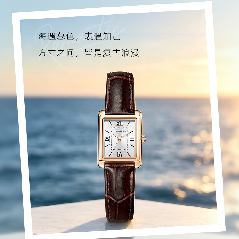 Tianwang Watch Retro Small Square Watch 31315 Genuine Leather Small Dial Quartz Niche Watch Birthday Gift for Girlfriend
