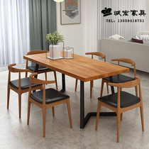Modern minimalist household solid wood dining table and chair combination small apartment wrought iron rectangular industrial style restaurant one table six