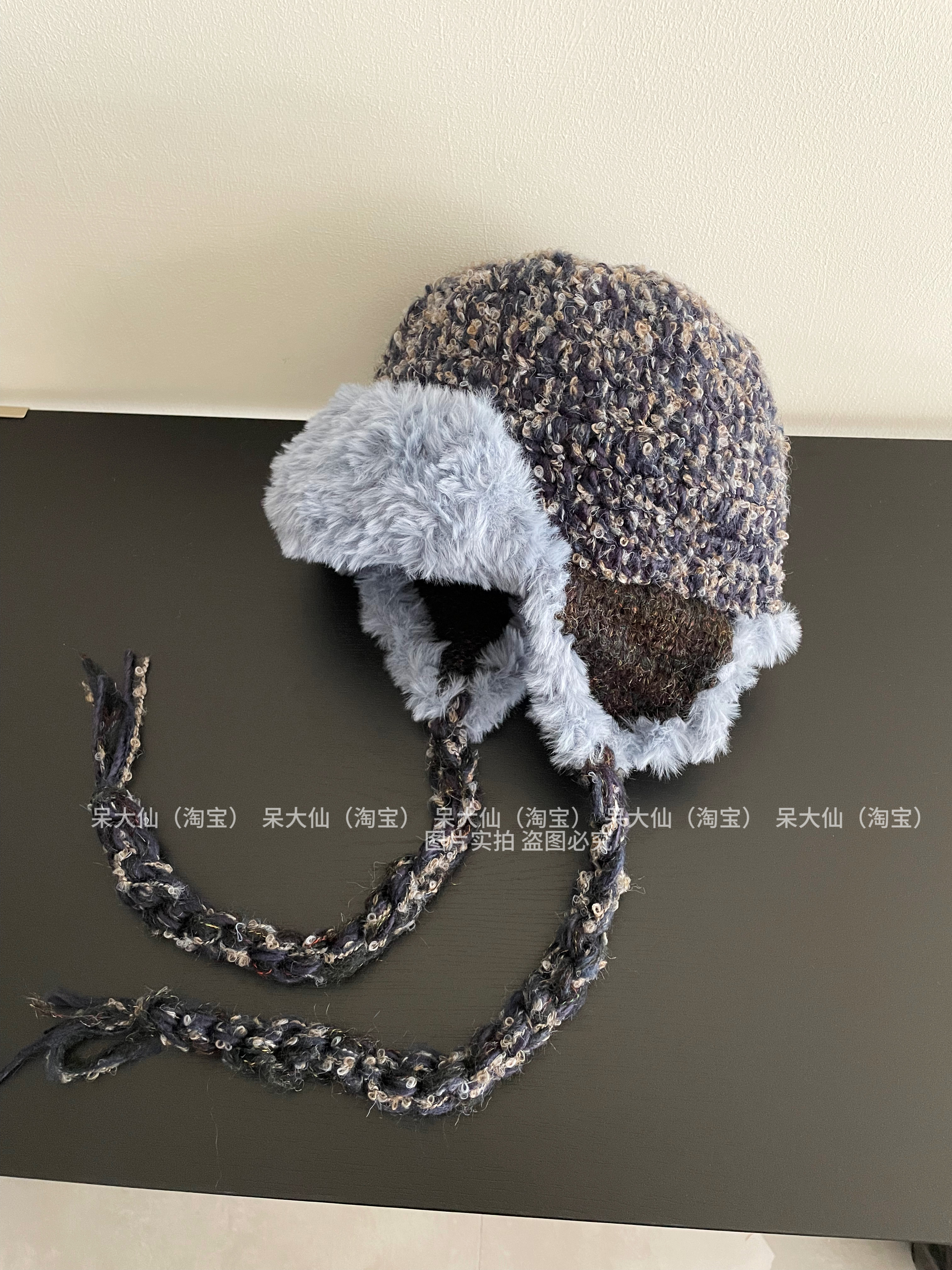 The color matching is so beautiful. Handmade crocheted plush ear protection Lei Feng hat for women in autumn and winter. Warm retro mixed color flying hat.