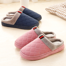 Cotton slippers womens bag with new indoor home floor PU leather plaid waterproof slippers autumn and winter Korean version non-slip