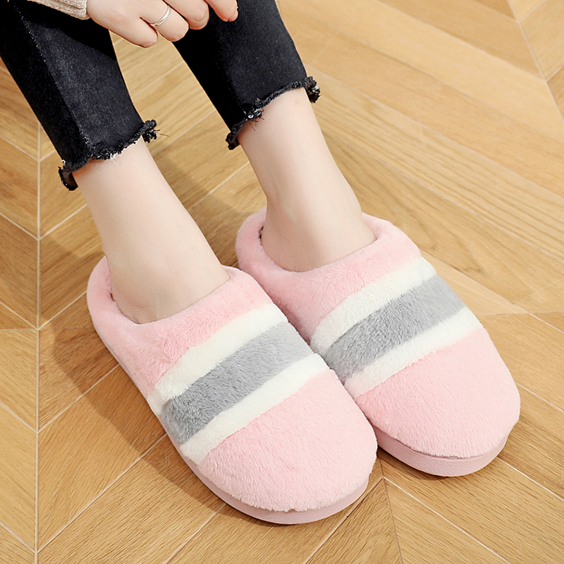 Couple cotton slippers female shallow bag and Han edition thick soles plush moon slippers autumn and winter men warm indoor stripes anti-slip