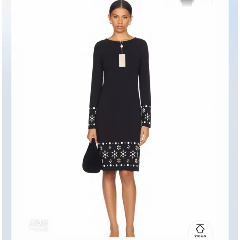 Michael Kors New Spring and Autumn Women's Patterned Printed Pleated Slim-Fit Round-Neck Mk Elegant Long-Sleeved Dress