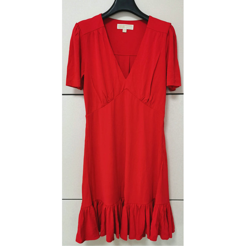 Michael Kors New Summer Women's Solid Color Ruffle/Pleated Patchwork V-Neck Short-Sleeve Cool Silk Dress