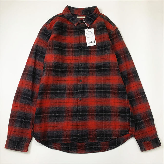 Plaid coat color matching vintage Japanese retro loose long-sleeved unisex workwear versatile shirt 2536
