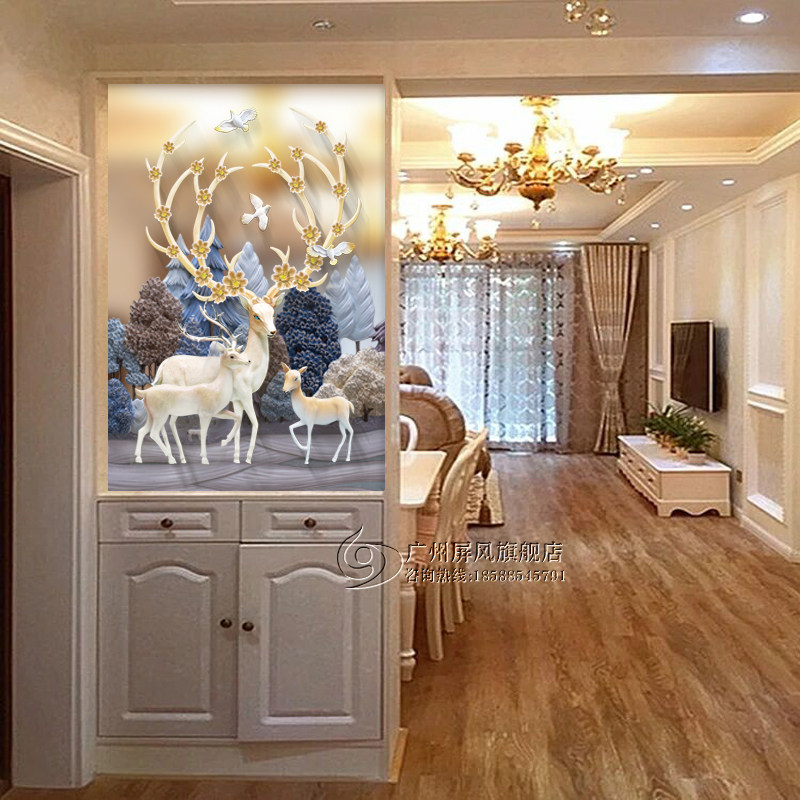 3D Color Glazed Craft Modern Art Glass Partition Cabinet screen Xuanguan Background Style Xiangyun double-sided mother-son deer