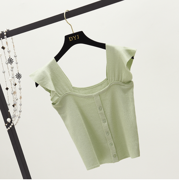 Sweet chic đơn ngực ngắn rộng sling vuông cổ áo ống đầu xù hai mặc áo gi lê đan là phụ nữ áo sơ mi mỏng áo len nữ