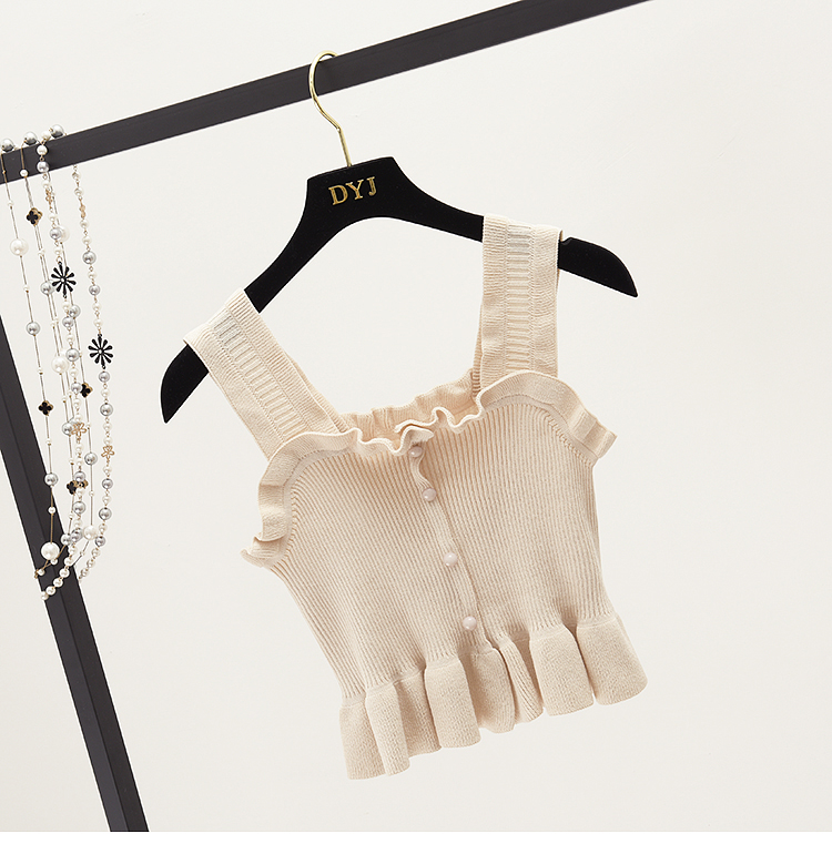 Xù yếm trong vest nữ mùa hè ngắn mặc bên ngoài kích thước lớn chất béo mm cao eo sexy đan không tay áo bằng gỗ tai áo voan kiểu