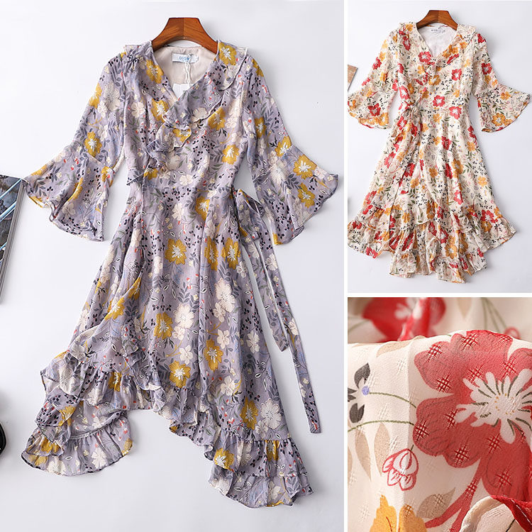 114195 Summer Women's Dress Five-Sleeve V-Neck Lace Up Print