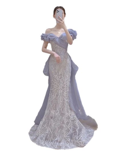 鱼尾晚礼服2024春季一字肩亮片仙气质新娘敬酒服派对主持人礼服裙