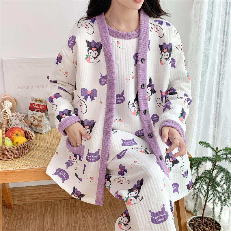 Three-Piece Pajamas Set for Women, Autumn and Winter, Air Cotton, Plus Size, Fat Mm, 150kg Spring and Autumn, Long-Sleeved, Thickened, Layered Loungewear