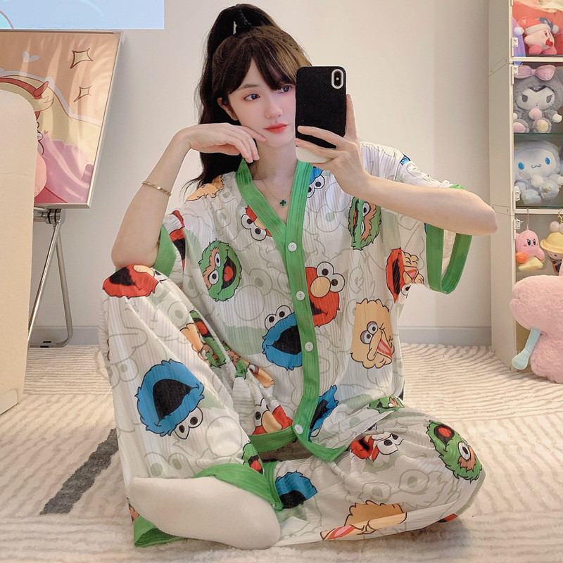 Summer Pajamas for Women, Ice Silk Short-Sleeved Long Pants, Cartoon Cute, Extra Large Size for Plus-Size Women, Thin Home Wear Set