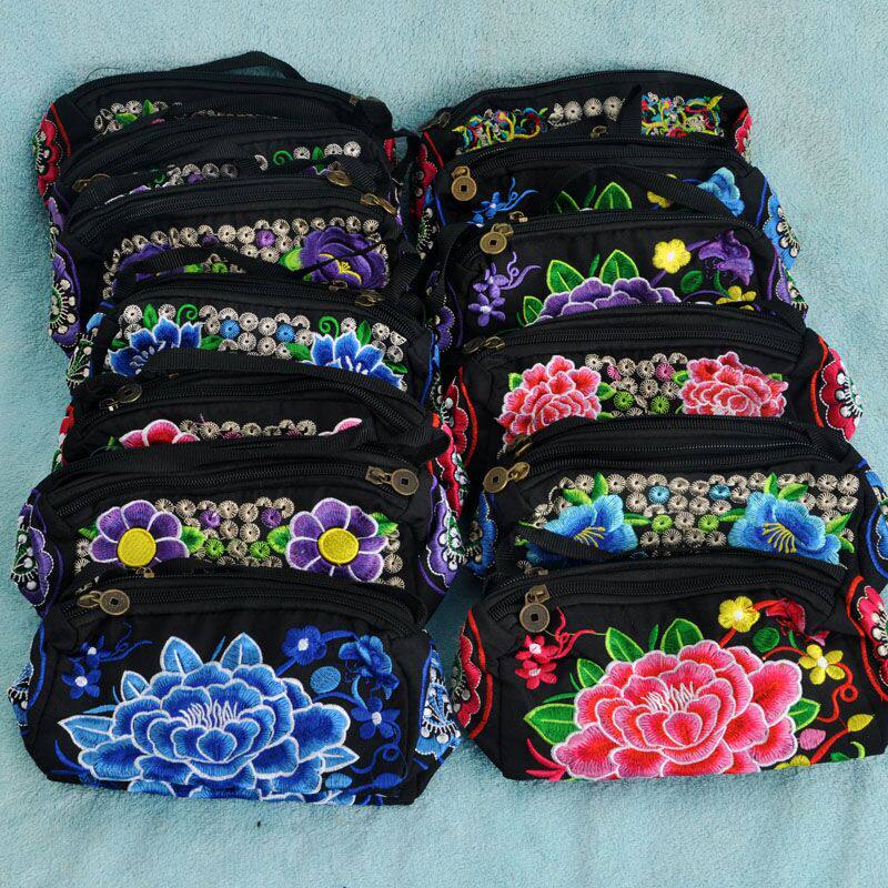 Retro National Wind Single Shoulder Zero Money Mobile Phone Key Bag Hot Pin Cloth Art Embroidered Triple pull-up Inclined Satchel Bag