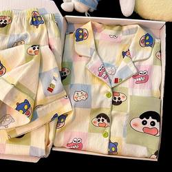 2025 봄과 가을 크레용에서 여성을위한 새로운 잠옷 신선 셔츠 순수면 긴 소매 만화 귀여운 여자 집 옷 2 피스 세트