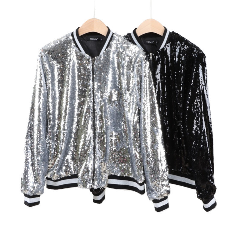 European and American Style Street Fashion Women's Casual Zipper Jacket Sequin Color-Blocking Ribbed Baseball Jacket Casual Coat for Women
