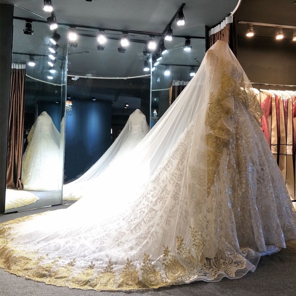 Dubai style luxury champagne lace veil white super wide 3 meters long trailing veil tulle