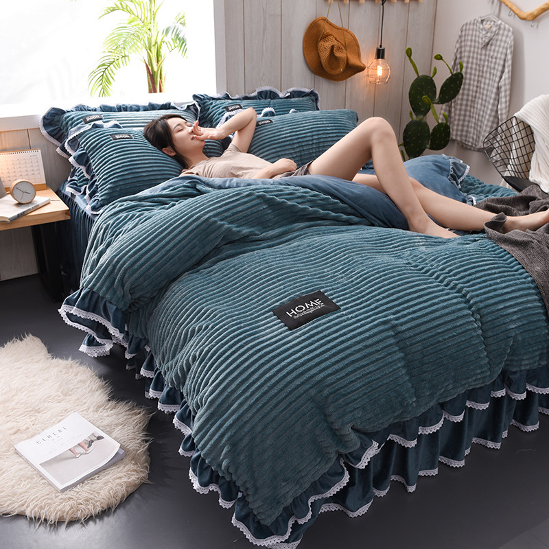 Thick warm flannel four-piece solid color coral fleece autumn and winter 1 8m bedding flannel quilt cover sheet