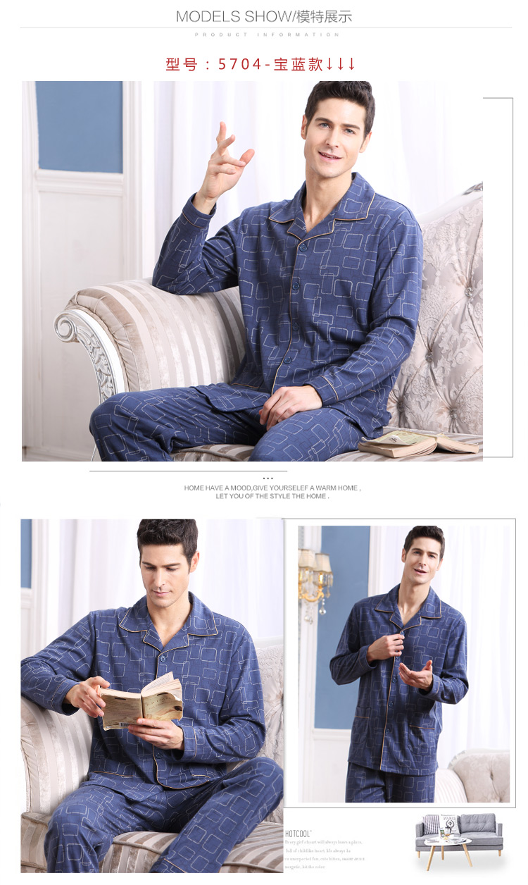 Đồ ngủ nam mùa xuân và mùa thu kích thước lớn cotton dài tay nam trung niên cotton mùa thu và mùa đông nam phục vụ trung niên quần áo ngủ cho nam giới
