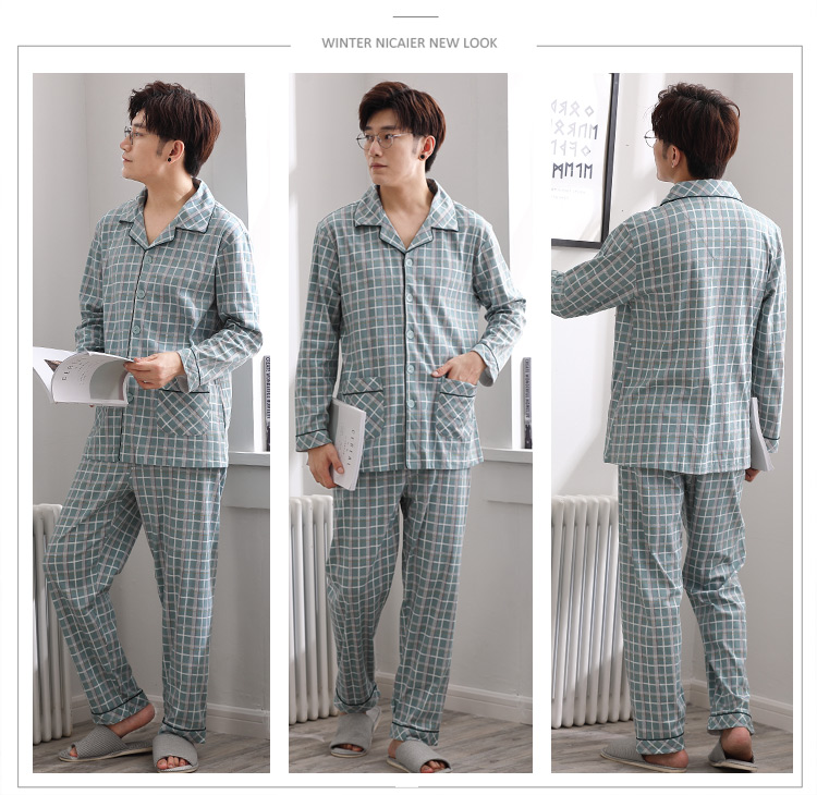 Bộ đồ ngủ mùa thu nam tay dài cotton mùa xuân và mẫu mùa thu nam cotton trung niên nam thanh niên kích thước lớn phù hợp với dịch vụ nhà quần ngủ nam dài