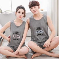 Mùa hè mặc đồ cotton đôi đồ ngủ không tay hoạt hình mùa hè nam và nữ vest ngắn quần áo cotton phù hợp với dịch vụ nhà kiểu áo đồ bộ