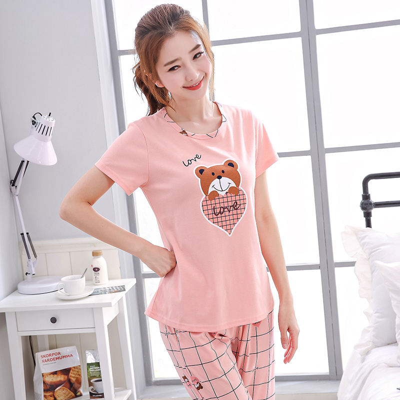 Bộ đồ ngủ cotton ngắn tay mùa hè dành cho nữ mùa hè mỏng cắt quần cotton phù hợp với đồ ngủ nữ hai mảnh đồ bộ cát hàn