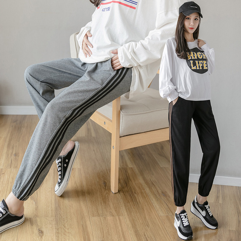 Pregnant women pants Spring and Autumn New Han Edition Pure Cotton Leisure Strip Halen pants wide loose beam feet radish pants worn outside winter