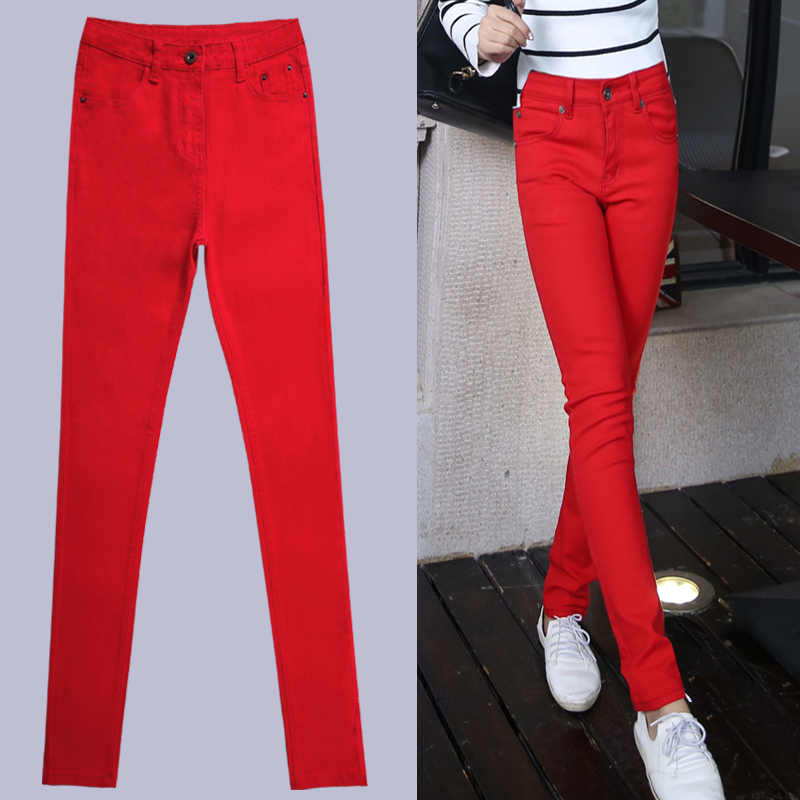 Red High-Waisted Slim-Fit Skinny Jeans for Women, Autumn and Winter, Korean Style, Casual, Solid Color, Plus Size Long Pants