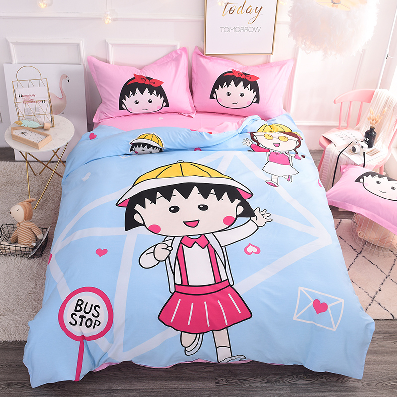 gia đình Cotton của giường chăn trải giường công chúa Bốn phim hoạt hình Chibi Maruko sinh viên cô gái trẻ em màu hồng của - Bộ đồ giường bốn mảnh bộ drap giường 1m6