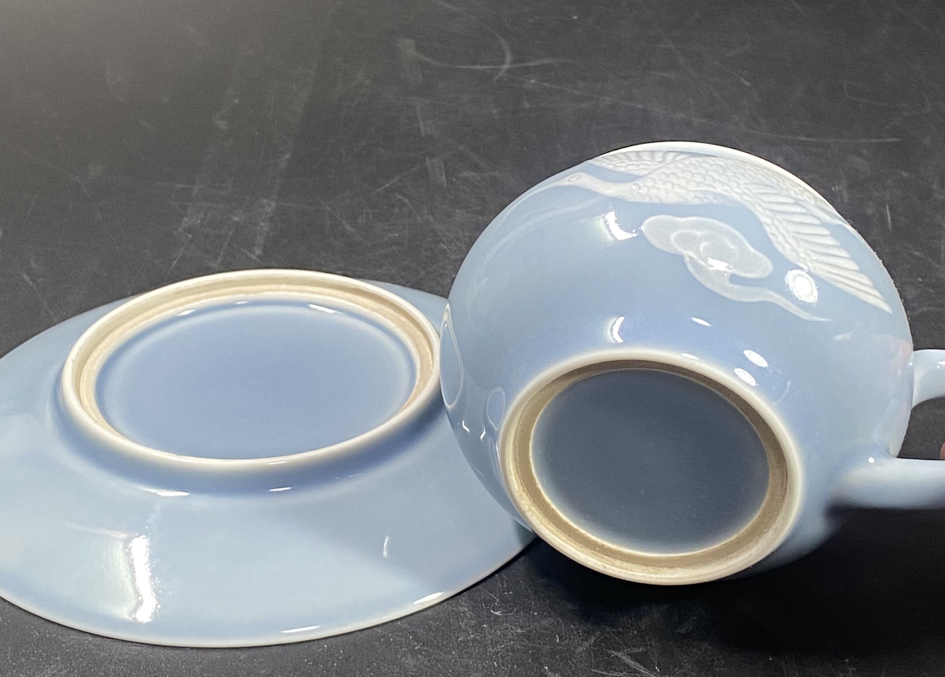 чашка 567精品陶瓷柴窑烧制天青釉堆白祥云仙鹤纹套杯咖啡杯碟茶杯
