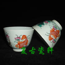 Jingdezhen Cultural Revolution Factory goods porcelain pastel hand-painted fish picture annual Tea Cup two-cylinder cup Cup Cup