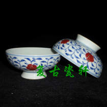 Jingdezhen Cultural Revolution Factory Porcelain Seiko hand-painted blue and white glaze red lingzhilotus high-footed Tea Bowl Tea Cup Cup