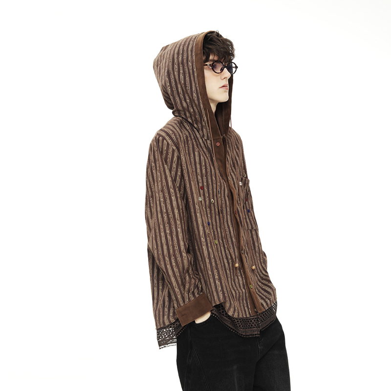 Ixoh Retro Coffee-Colored Striped Shirt for Men, Long-Sleeved, Autumn, Loose, Lazy Style, Design Hooded Shirt Jacket, Trendy