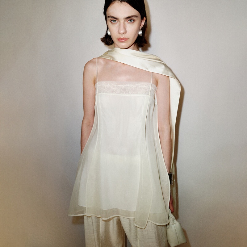 Chicjoc Heavy Industry Double-Layer Material-Consuming 28mm Silk_Three-Dimensional Butterfly Wing Fluttering Lace Collar Petal Strap Top