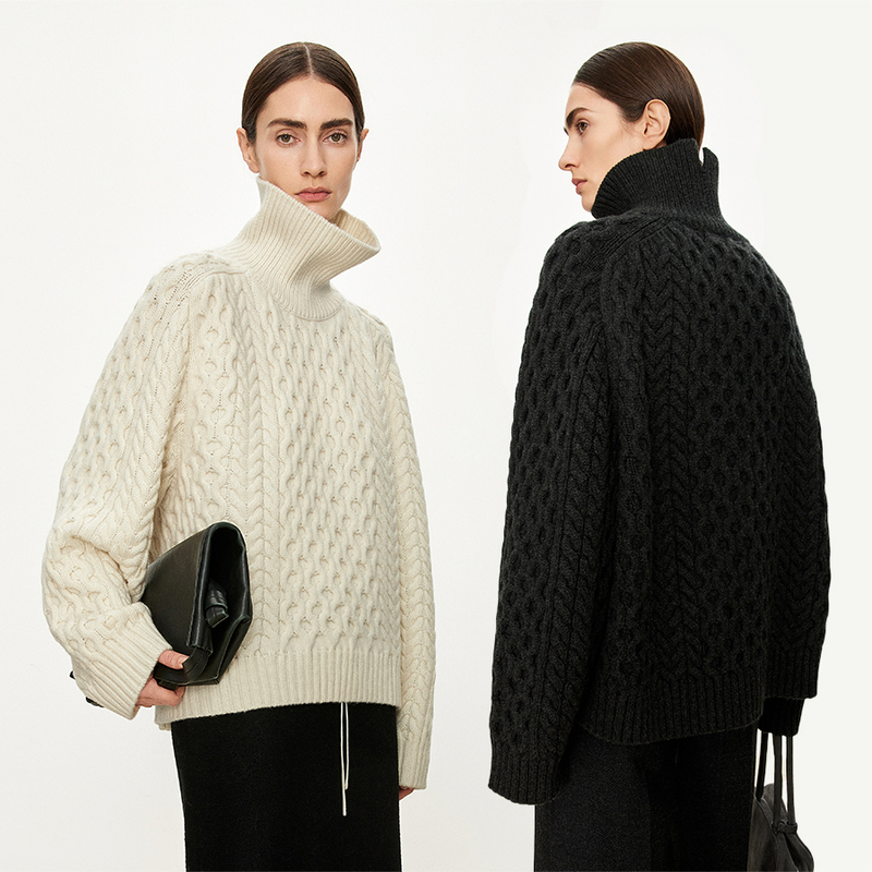 Chicjoc Retro 5-Strand Thick Cable Knit Cashmere Wool High-Neck Saddle Shoulder Silhouette Irish Aran Sweater Chicjoc Retro 5-Strand Thick Cable Knit Cashmere Wool High-Neck Saddle Shoulder Silhouette Irish Aran Sweater