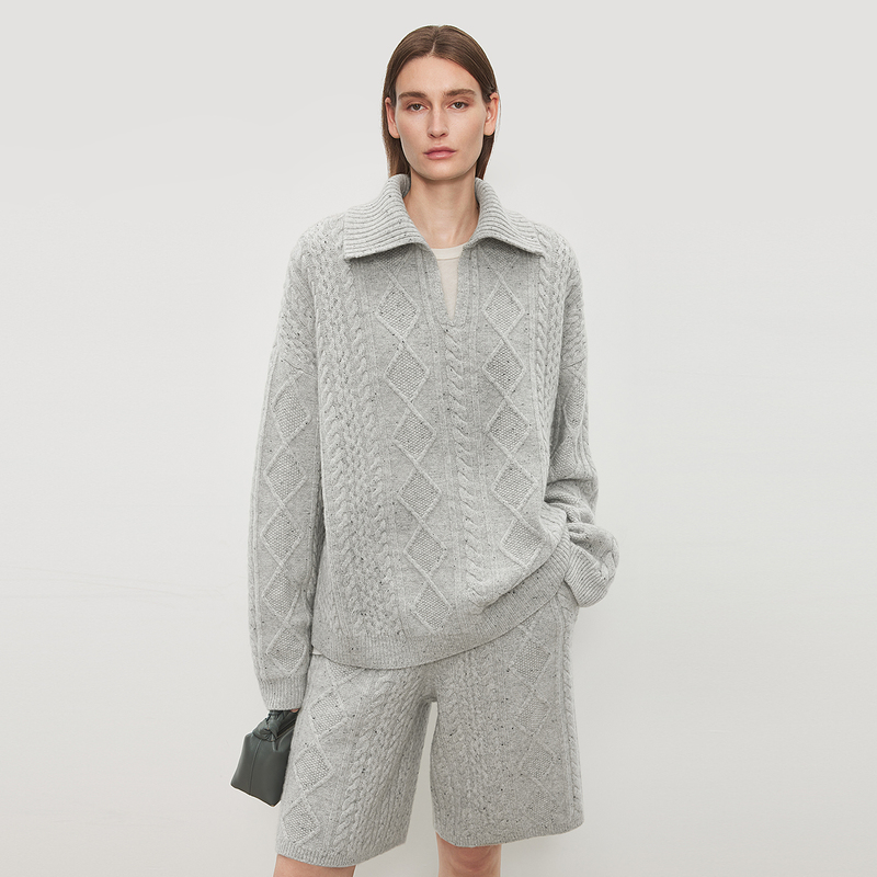 Chicjoc Snow Dot Series_Italian Silk Cashmere Wool Dotted Yarn Vtg Cable Knit Polo Sweater/Shorts