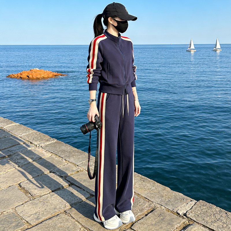 2026 Spring and Autumn New Color-Block Casual Sports Suit for Women, Fashionable and Youthful, Simple and Elegant, High-End Feel, Two-Piece Set