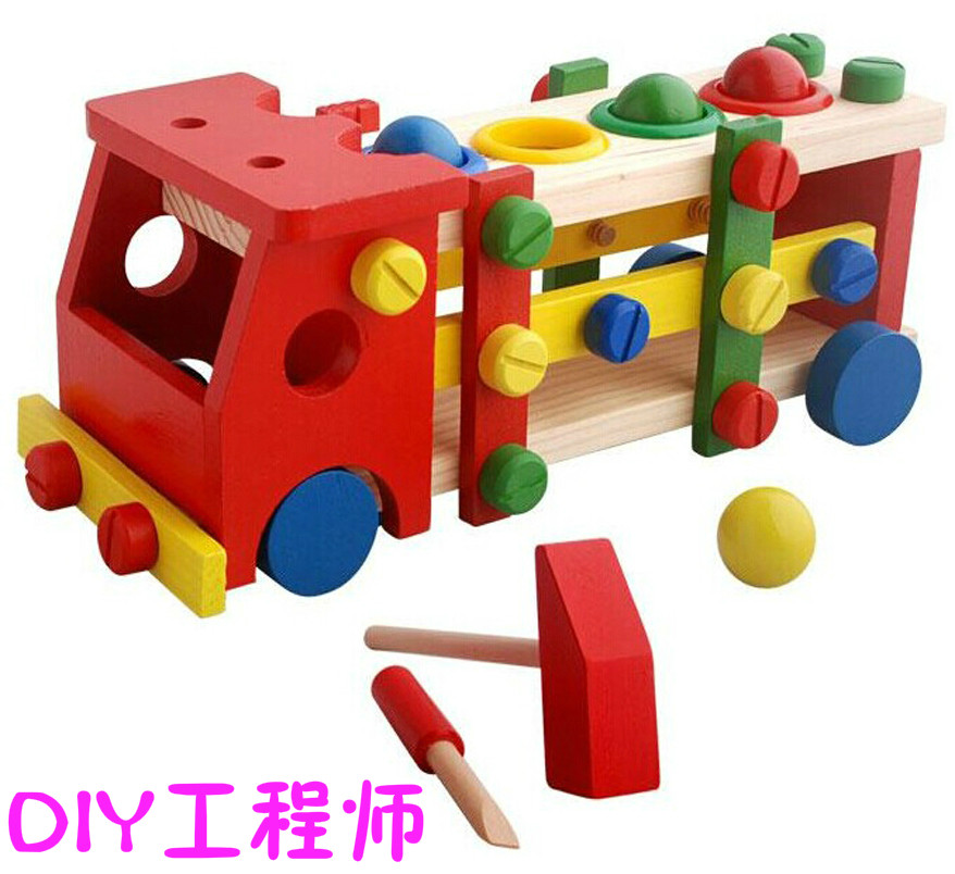 3-4-5-year-old children early teaching aids for dismantling and knocking on ball screws carts wooden assembled engineering vehicles to assemble puzzle power toys
