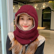 Lamb cashmere antifreeze headgear riding electric car face protection winter warm windproof ear hat with collar sleeve female Net Red