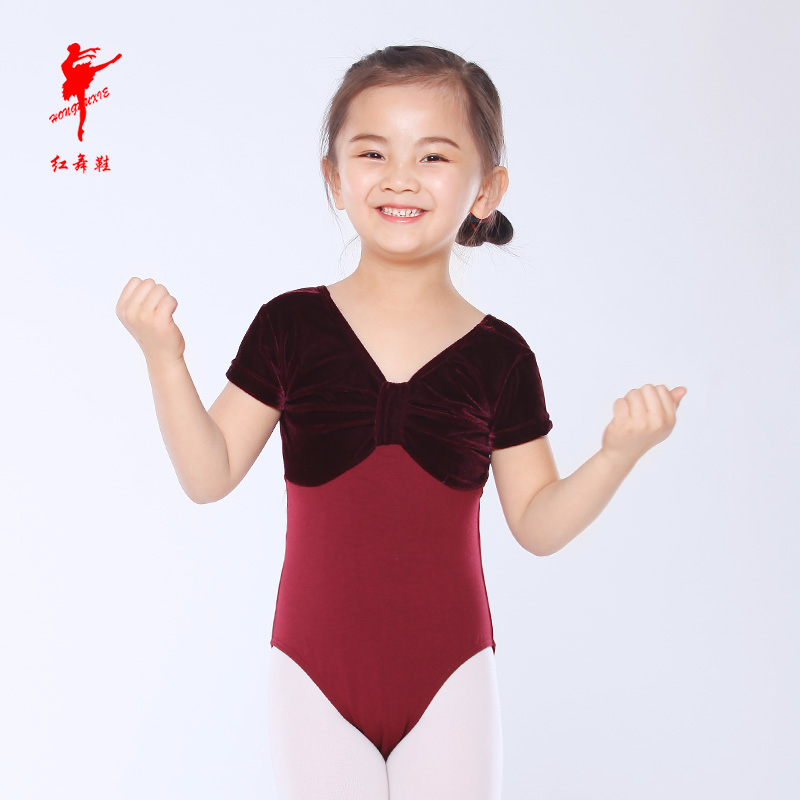 Red dance shoes children's ballet clothing girl short-sleeved velvet body clothing spring autumn winter dance clothing gymnastics practice clothing 5307