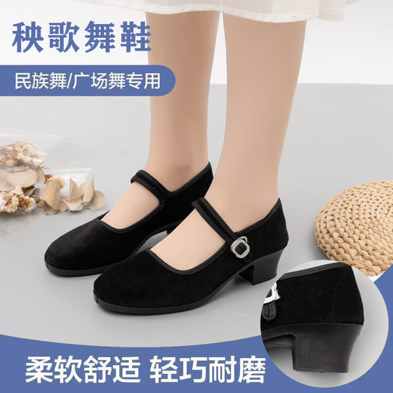 Ethnic Yangko Dance Black Heel Cloth Shoes Female Jiaozhou Tibetan Northeast Folk High Heel Dance Shoes Grade Examination Special for Children