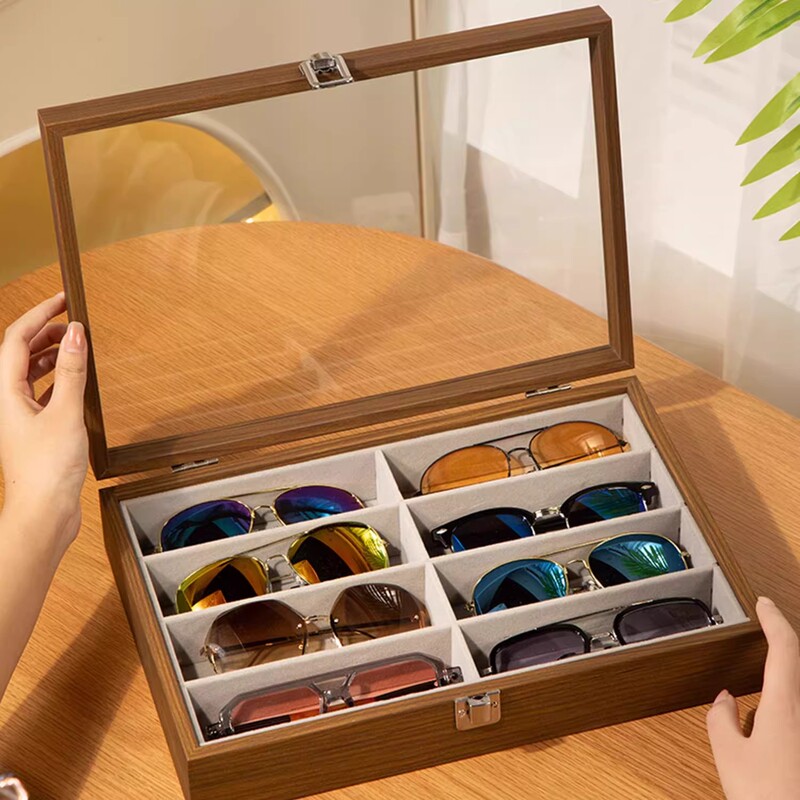 Glasses Display Box Wood Grain Color Flip-Top Glasses Storage Box Dust-Proof Multi-Compartment Sunglasses Display Box Sunglasses Storage Box