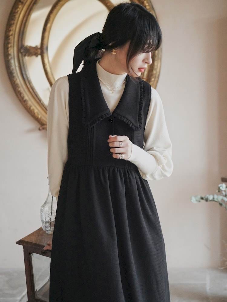 French Doll Collar Plaid Vest Skirt One Piece One Dress Winter Style Polyester Fiber Sora 634 Shop Sora Life One Piece Dresses Pinkoi