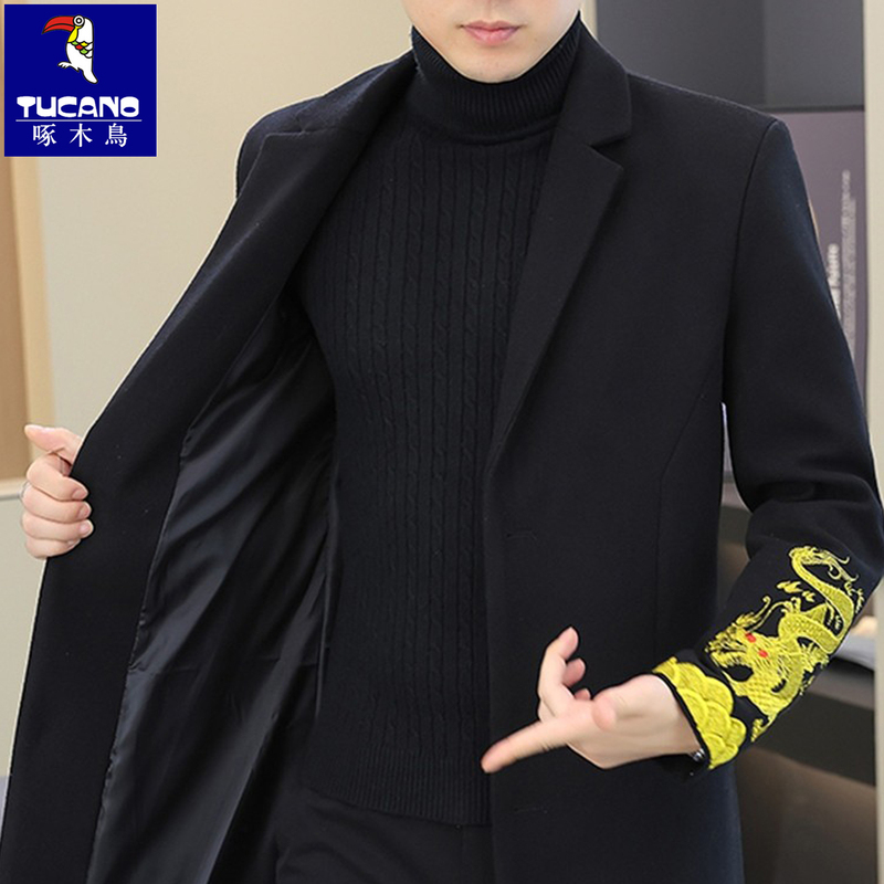 Woodpecker Chinese-Style Mid-Length Woolen Coat for Men, Autumn and Winter Suit Collar Trench Coat, National Trend Embroidered Woolen Outerwear