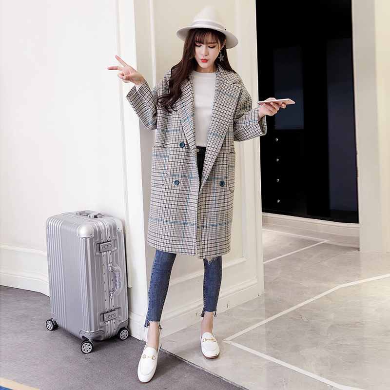 Áo khoác len nữ dài phần phiên bản Hàn Quốc 2018 thu đông mới áo khoác lửng len phổ biến houndstooth phổ biến áo khoác nữ cao cấp