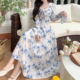 Plus size spring new French retro high-end exquisite square neck floral dress gentle wind lotus sleeve long skirt