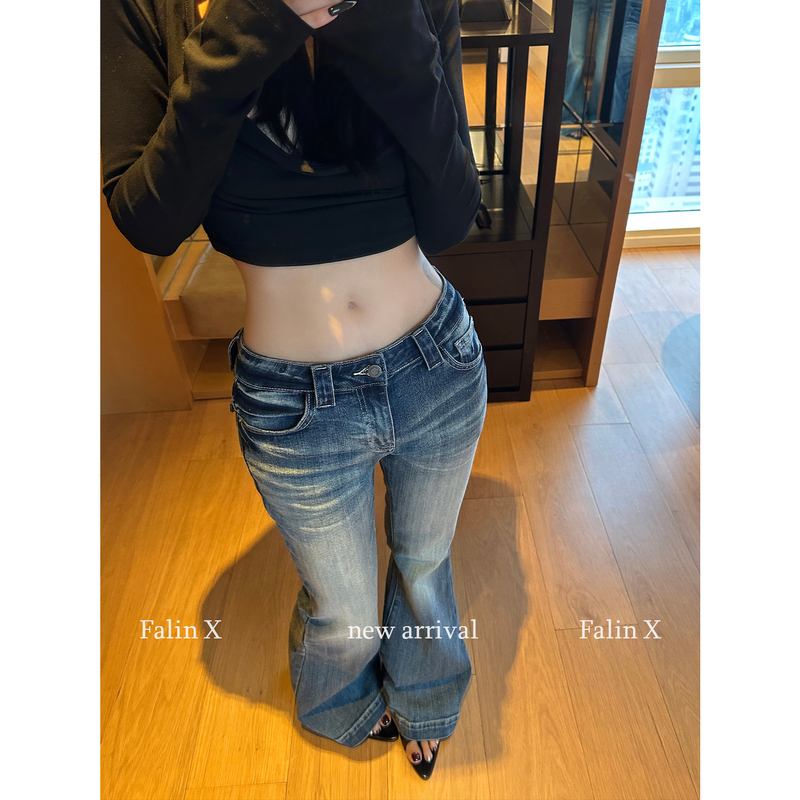 Falin X Wide Buckle Strap Retro Mid-Low Waist Denim Flared Pants for Women, Washed and Distressed Casual Autumn Design Long Pants Falin X Wide Buckle Strap Retro Mid-Low Waist Denim Flared Pants for Women, Washed and Distressed Casual Autumn Design Long Pants