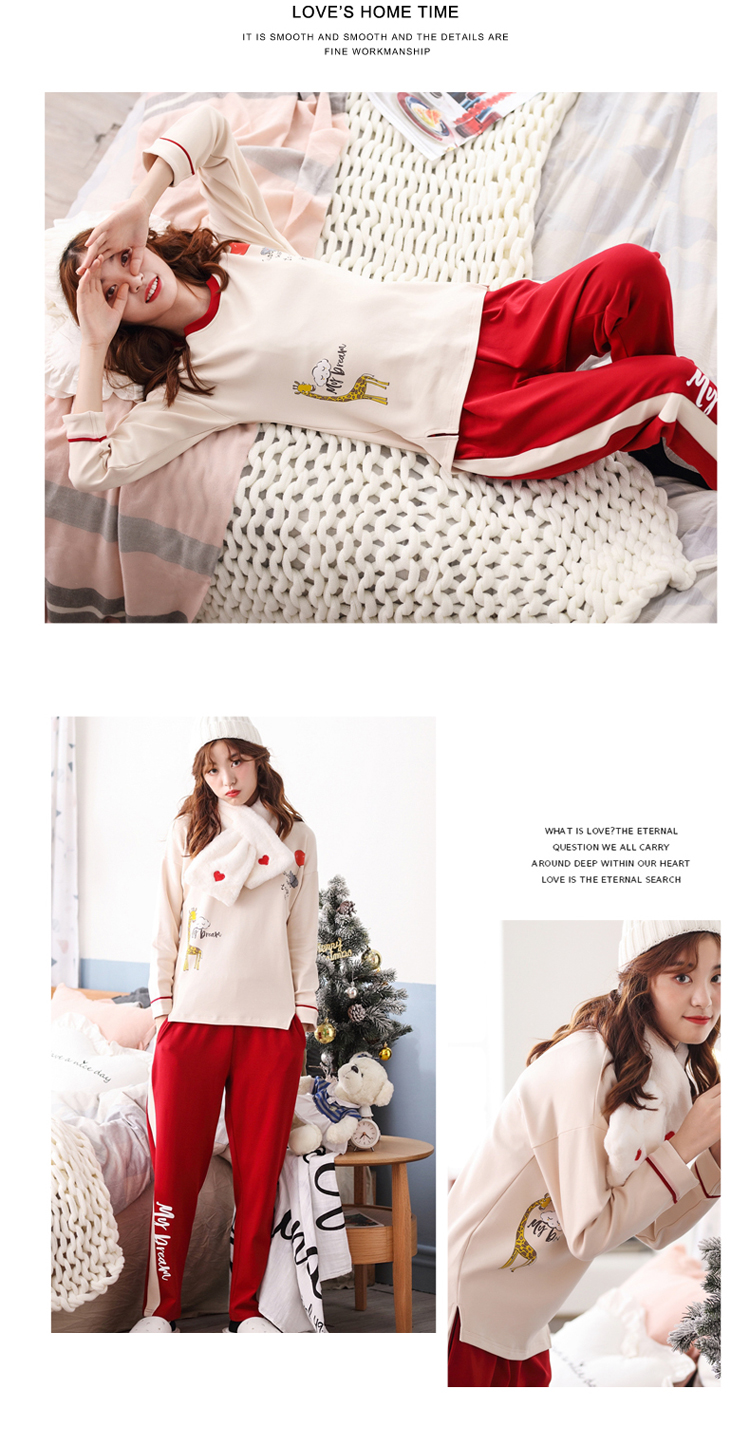 Đồ ngủ dài tay nữ mùa thu đông cotton phù hợp với tay dài phần mỏng kích thước lớn cổ tròn hai mảnh bên ngoài mặc giản dị phục vụ nhà bộ đồ khủng long