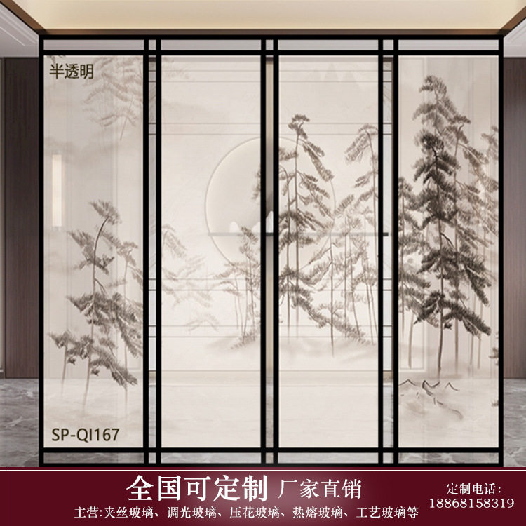 Suya Classical New Chinese Flower Birds steel Clamped Silk Art Glass Living Room Screen Partition Xuanguan Promotion