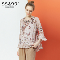 2021 new womens summer clothes retro temperament printing bow tie horn sleeve chiffon bottoming shirt top female