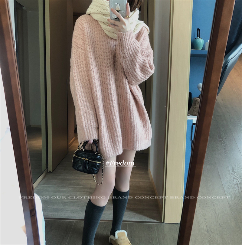 METWO Bottom Missing Pink Sweater Winter Women's 2021 New Mid-length Lazy Loose Niche Tops